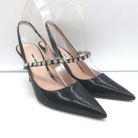 Miu Miu Crystal-Strap Pumps Black Patent Leather Size 37.5 Pointed Toe Heels - Picture 1 of 13